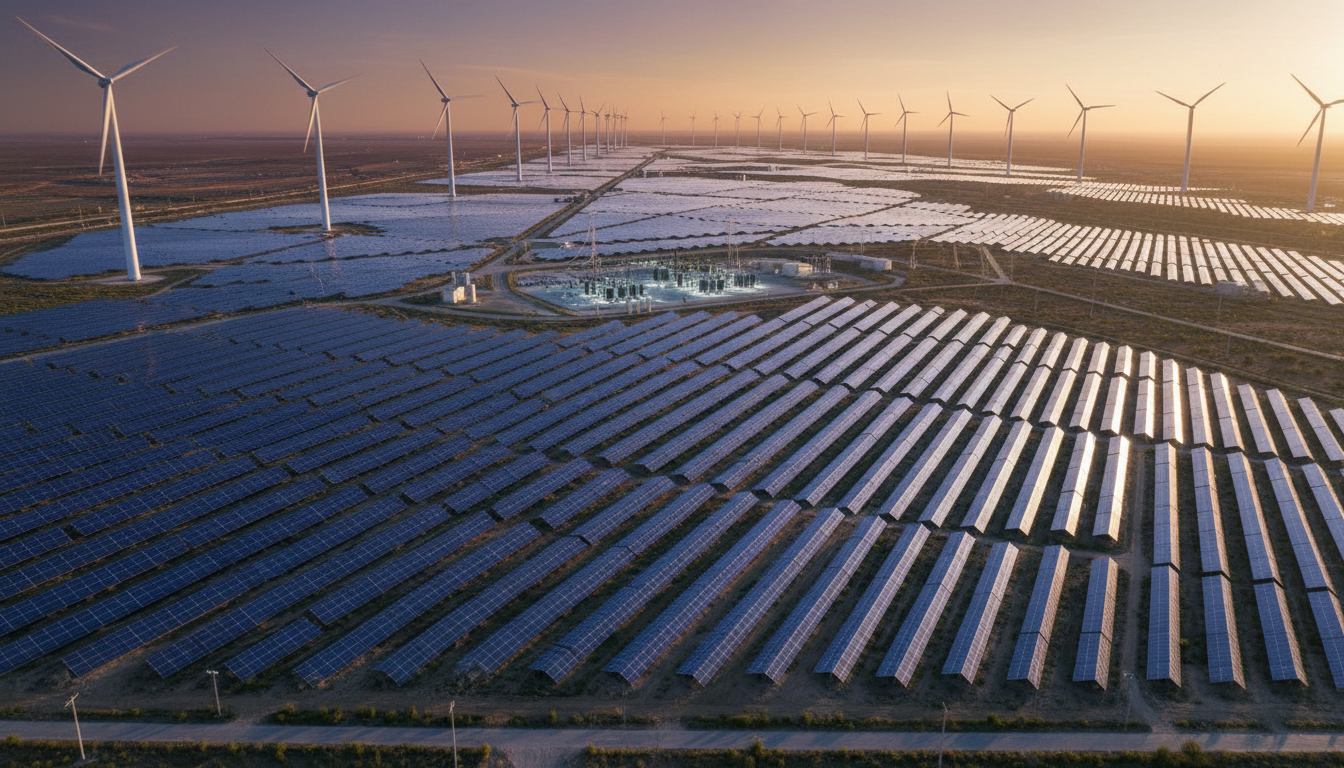 Cenário de paineis solares e equipamentos eólicos